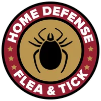 A red and gold logo for home defense flea & tick.