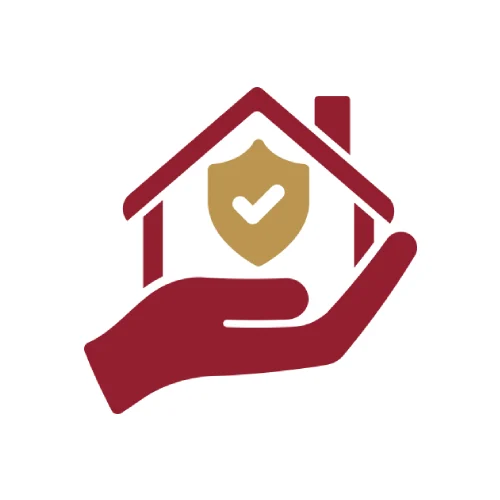 A red hand holding a house with a gold shield on it.